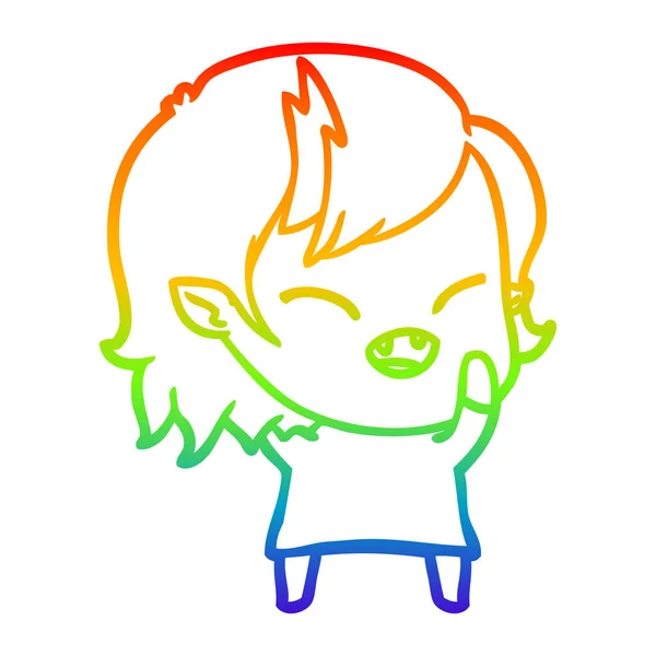 Arco iris gradiente línea dibujo dibujos animados riendo vampiro chica — Vector de stock