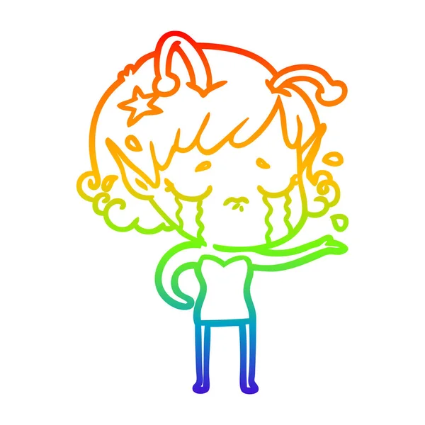 Regenbogen-Gradienten-Linie Zeichnung Karikatur weinende Alien-Mädchen — Stockvektor
