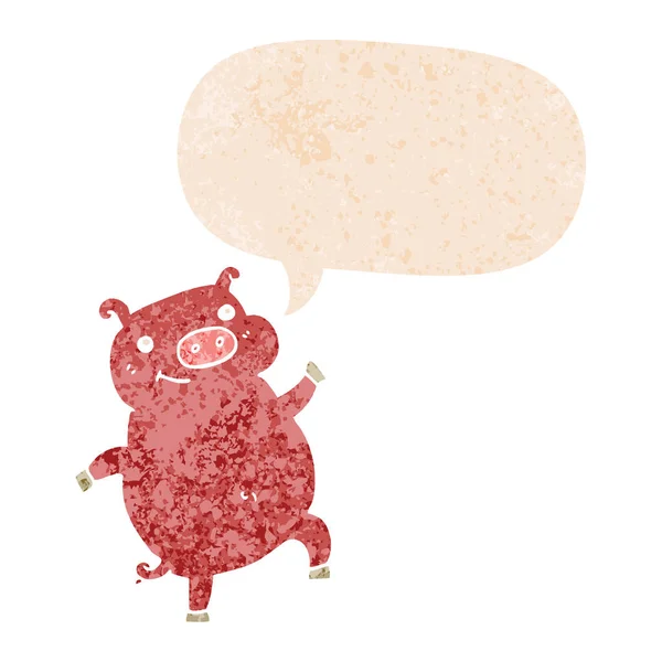 Caricatura bailando cerdo y el habla burbuja en estilo texturizado retro — Vector de stock