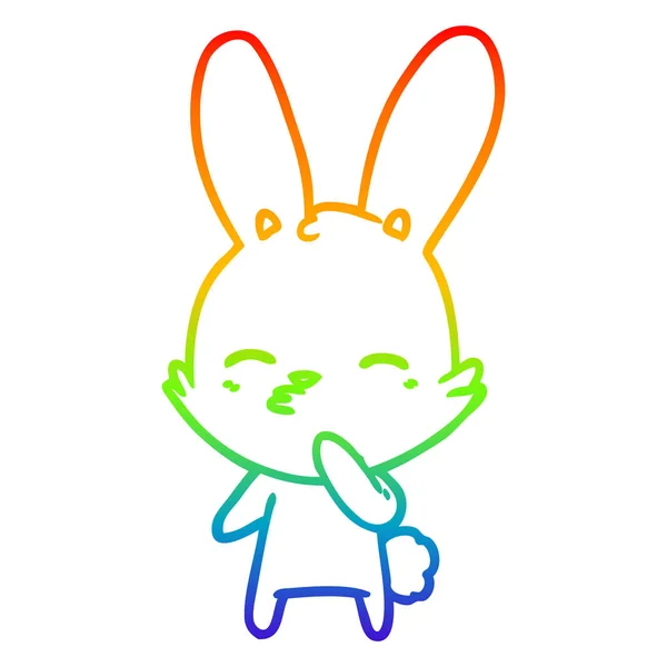 Rainbow gradient line drawing curious bunny cartoon — Stock Vector