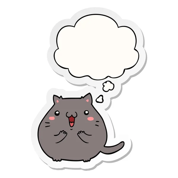 Mutlu karikatür kedi ve basılı bir etiket olarak kabarcık düşünce — Stok Vektör