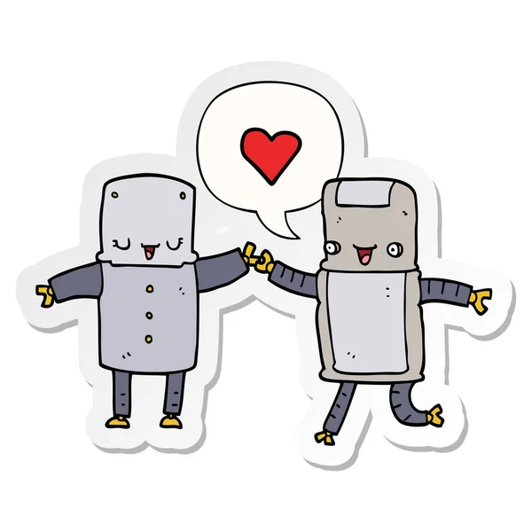 Robots de dibujos animados en el amor y el habla pegatina burbuja — Vector de stock