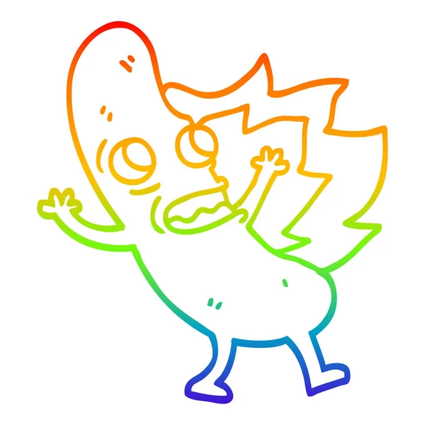 Rainbow gradient line drawing cartoon flaming hotdog — Stock Vector