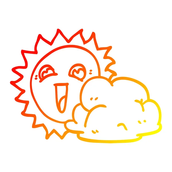 Línea de gradiente caliente dibujo dibujos animados sol y nube — Vector de stock