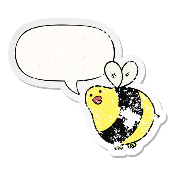 Cartoon bee and speech bubble distressed sticker — Stock Vector