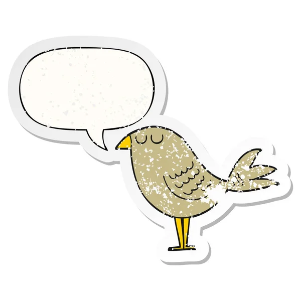 Cartoon vogel en toespraak bubble noodlijdende sticker — Stockvector