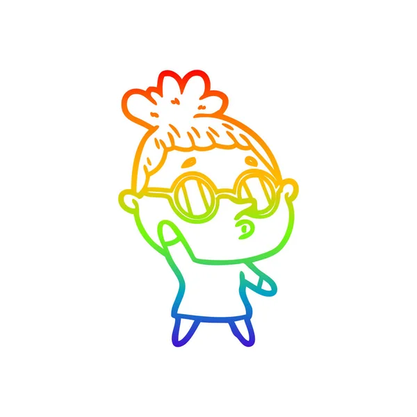 Rainbow gradient line drawing cartoon woman wearing glasses — Stock Vector