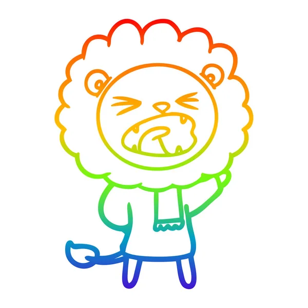 Rainbow gradient ligne dessin dessin animé lion en vêtements d'hiver — Image vectorielle