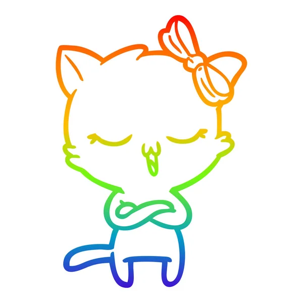 Rainbow gradient linje ritning tecknad katt med rosett på huvudet — Stock vektor