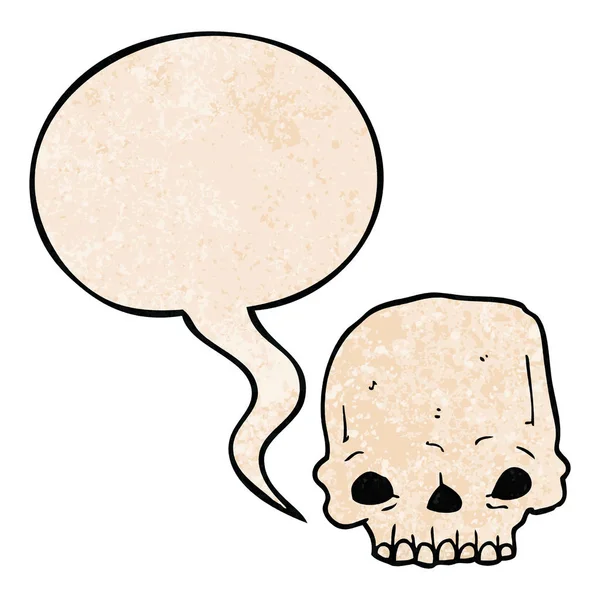 Calavera espeluznante de dibujos animados y burbuja del habla en estilo de textura retro — Vector de stock