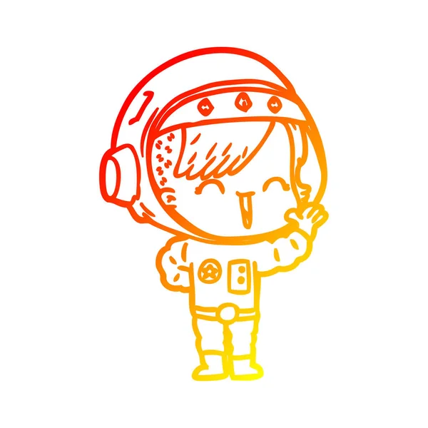 Linha gradiente quente desenho cartoon menina astronauta feliz acenando — Vetor de Stock