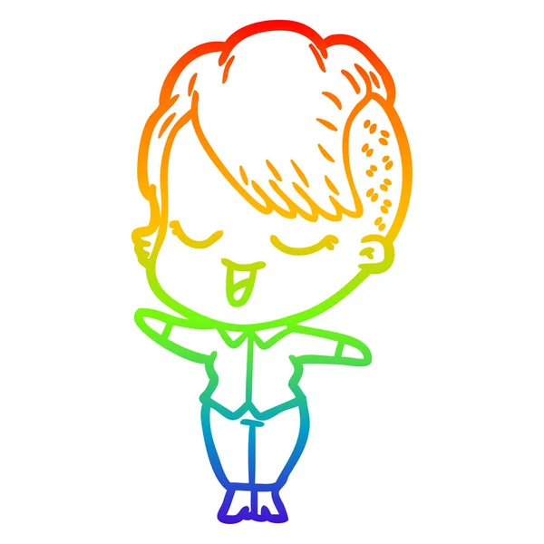 Linea gradiente arcobaleno disegno felice ragazza dei cartoni animati — Vettoriale Stock