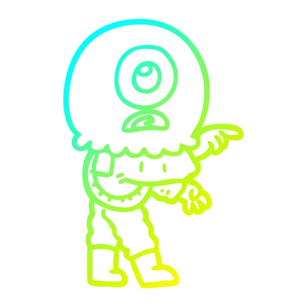 Línea de gradiente frío dibujo dibujos animados cyclops alien spaceman pointi — Vector de stock