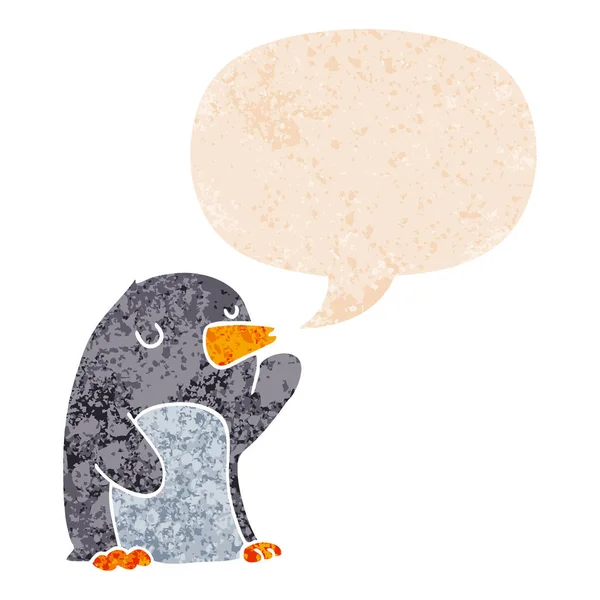 Cartoon penguin and speech bubble in retro textured style — Stock Vector