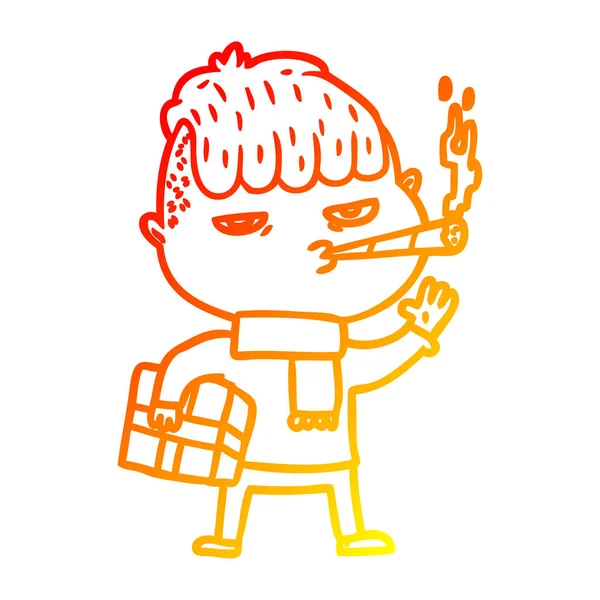 Sıcak degrade çizgi çizim karikatür adam christma taşıyan sigara — Stok Vektör