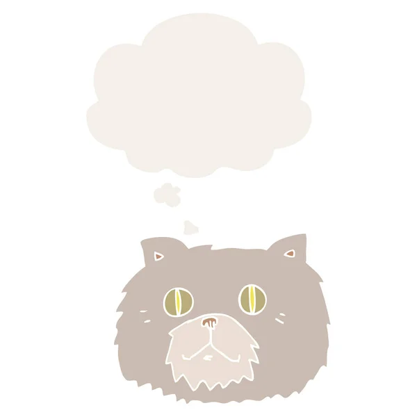 Cartoon cat face and thought bubble in retro style — Stock Vector