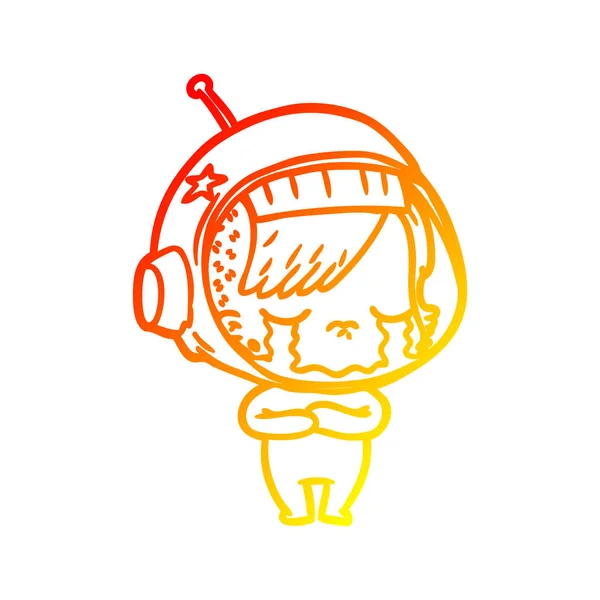 Warm gradient line drawing cartoon crying astronaut girl — Stock Vector