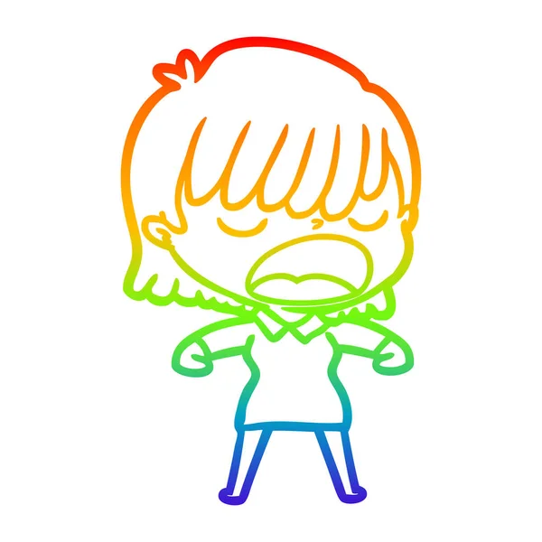 Rainbow gradient line drawing cartoon woman talking loudly — Stock Vector