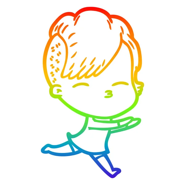 Rainbow gradient line drawing cartoon squinting girl running — Stock Vector