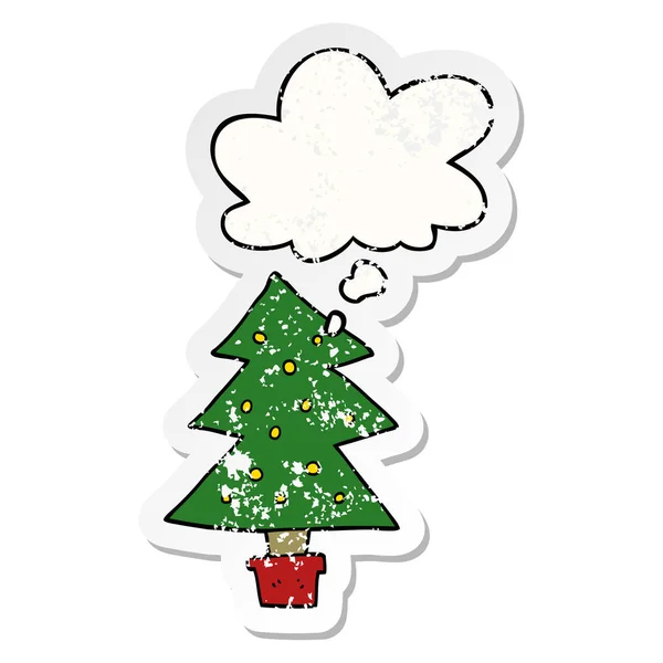 Cartone animato albero di Natale e bolla di pensiero come un s usurato angosciato — Vettoriale Stock