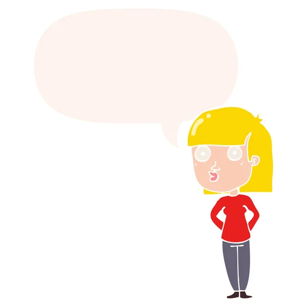 Cartoon woman staring and speech bubble in retro style — Stock Vector