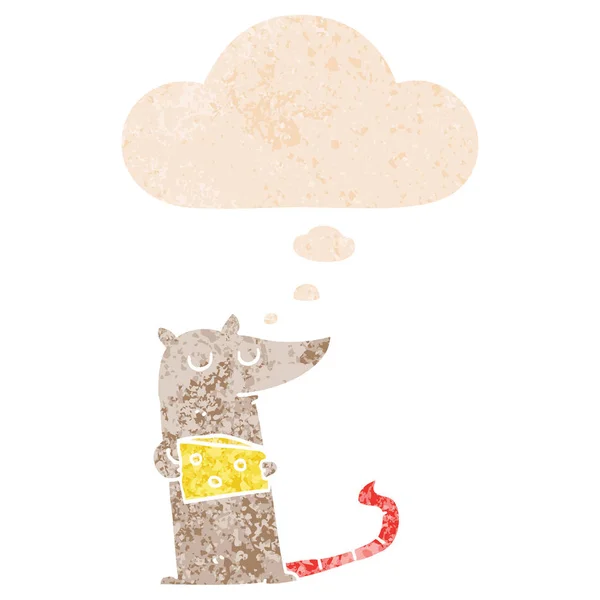 Cartoon muis met kaas en gedachte bubble in retro getextureerde s — Stockvector