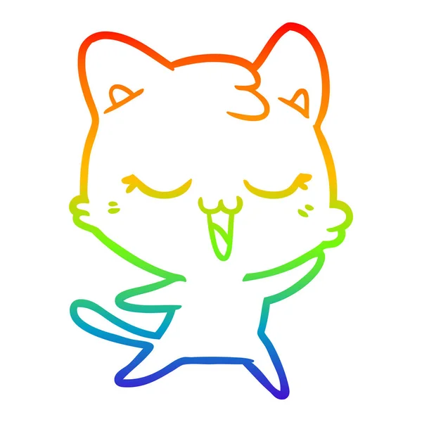 Regenbogen-Gradienten-Linie zeichnet glücklich Cartoon-Katze — Stockvektor