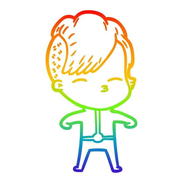 Rainbow gradient ligne dessin dessin fille dessin animé portant futuriste cl — Image vectorielle
