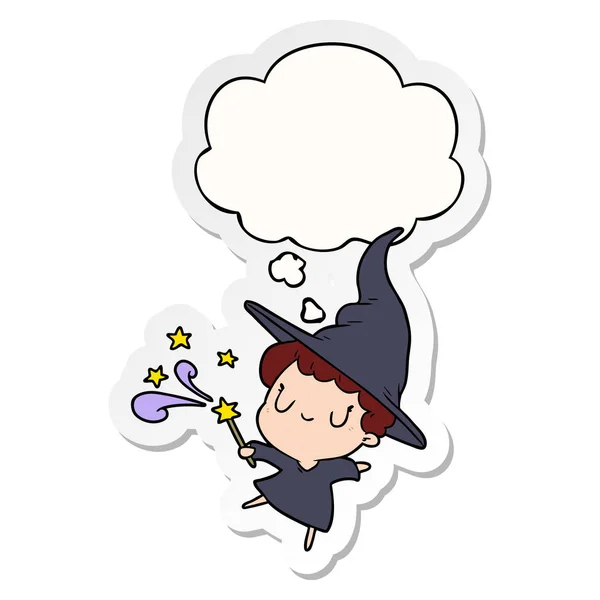 Cartoon witch and thought bubble as a printed sticker — Stock Vector