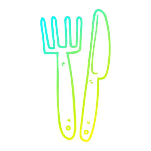 Linha gradiente frio desenho cartoon faca de plástico e garfo — Vetor de Stock