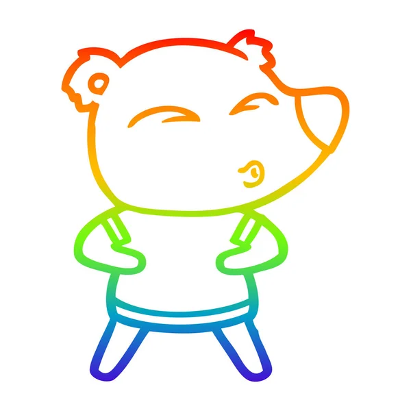 Rainbow gradient line drawing cartoon whistling bear — Stock Vector