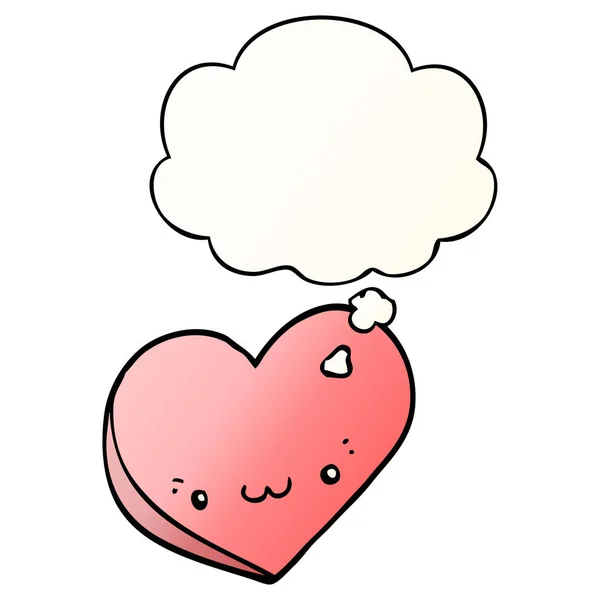 Coeur amour dessin animé avec visage et bulle de pensée en gradie lisse — Image vectorielle