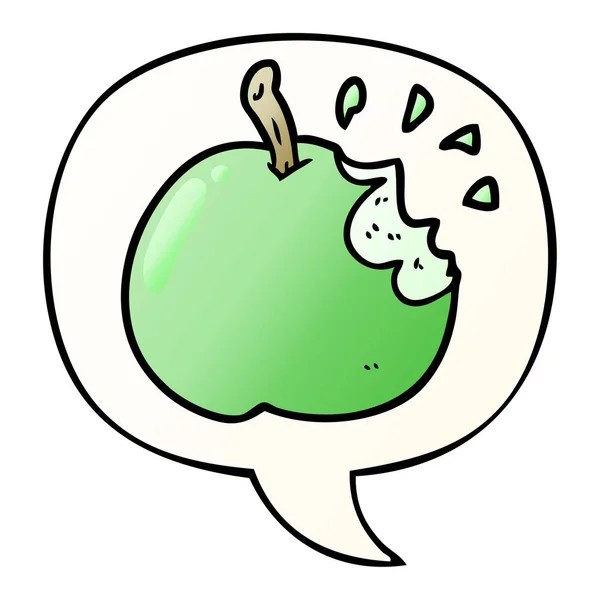 Dessin animé pomme fraîche mordue et bulle de parole en pente lisse — Image vectorielle