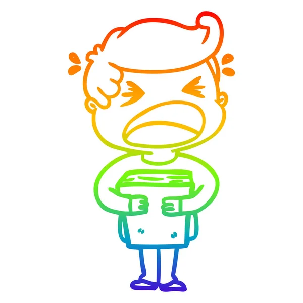 Rainbow gradient ligne dessin dessin animé criant homme avec livre — Image vectorielle
