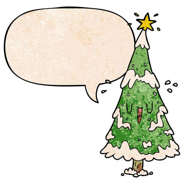 Cartone animato albero di Natale innevato e felice faccia e la bolla discorso in — Vettoriale Stock