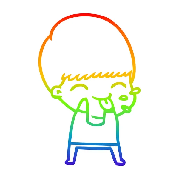 Arco-íris linha gradiente desenho cartoon menino soprando framboesa — Vetor de Stock