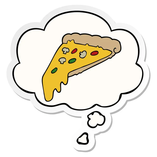 Cartoon pizza slice and thought bubble as a printed sticker — Stock Vector