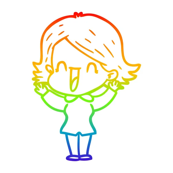 Rainbow gradient ligne dessin dessin animé femme heureuse — Image vectorielle