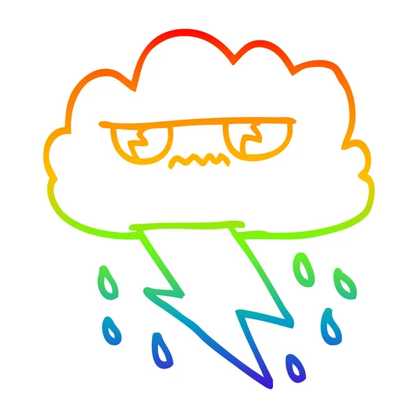 Rainbow gradient line drawing cartoon angry storm cloud — Stock Vector