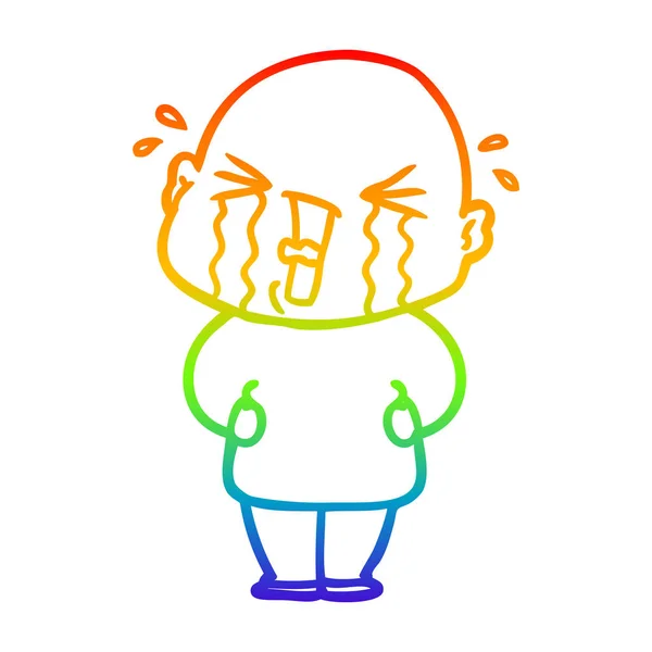 虹のグラデーションライン描画漫画泣くハゲ男 — ストックベクタ