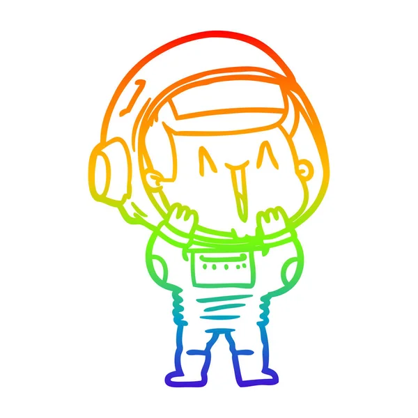 Rainbow gradient line drawing happy cartoon astronaut — Stock Vector