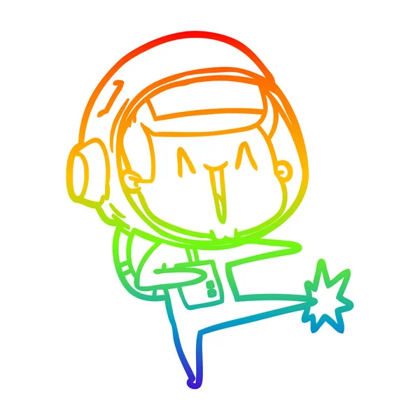 Regenbogen-Gradienten-Linie zeichnet fröhlichen Cartoon-Astronauten tanzen — Stockvektor
