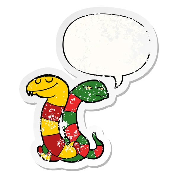 Cartoon snakes and speech bubble distressed sticker — Stock Vector