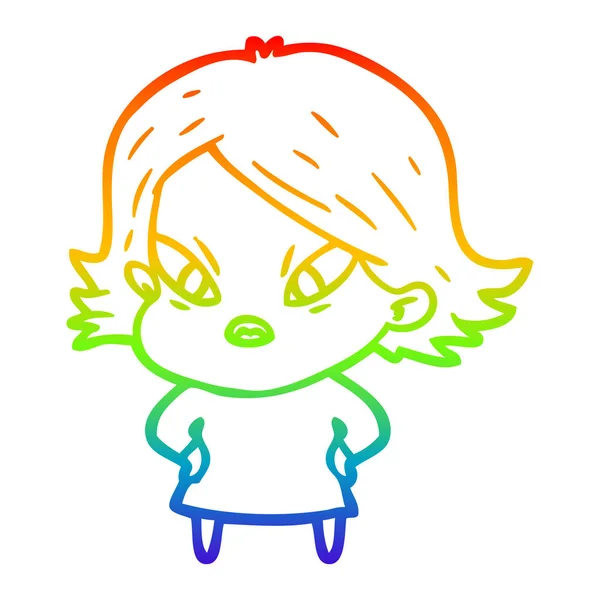 Rainbow gradient ligne dessin dessin animé femme stressée — Image vectorielle