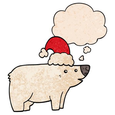 karikatür ayı noel şapka giyen ve grunge düşünce balonu 
