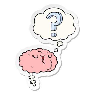 karikatür meraklı beyin ve baskılı bir etiket olarak kabarcık düşünce