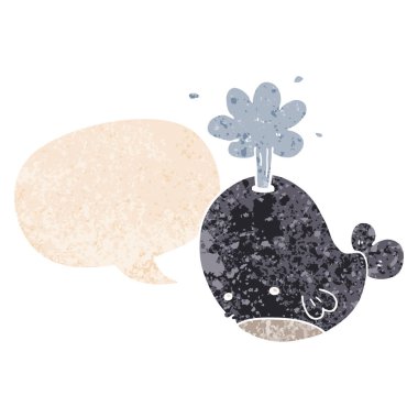 retro dokulu tarzda karikatür balina ve konuşma balonu spouting