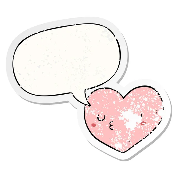 Cartoon love heart and speech bubble distressed sticker — Stock Vector