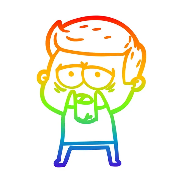 Regenboog gradiënt lijntekening cartoon vermoeide man — Stockvector