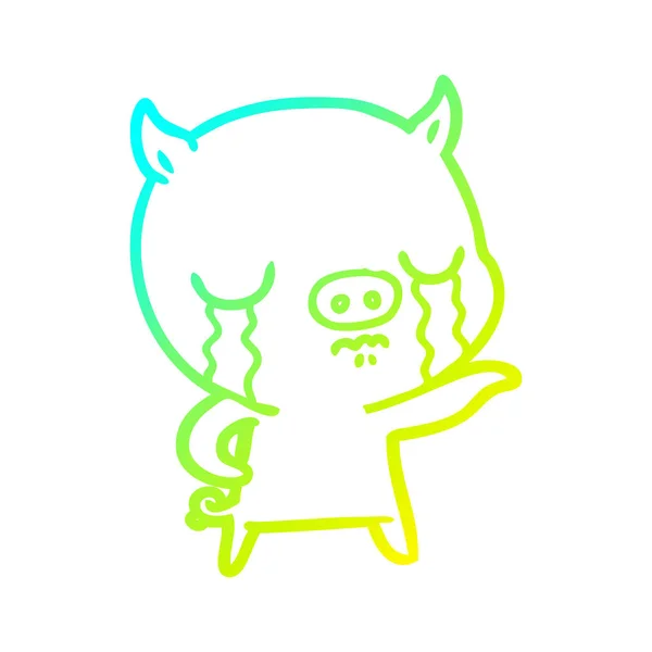 Linea gradiente freddo disegno cartone animato maiale piangendo puntando — Vettoriale Stock